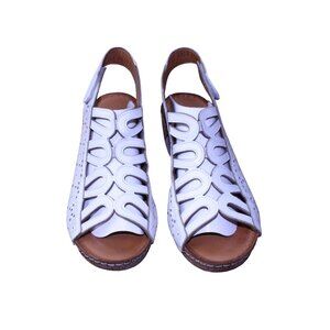 Spring Step White Laser-Cut Wedge Sandals With Adjustable Strap & Cork Heel Wome